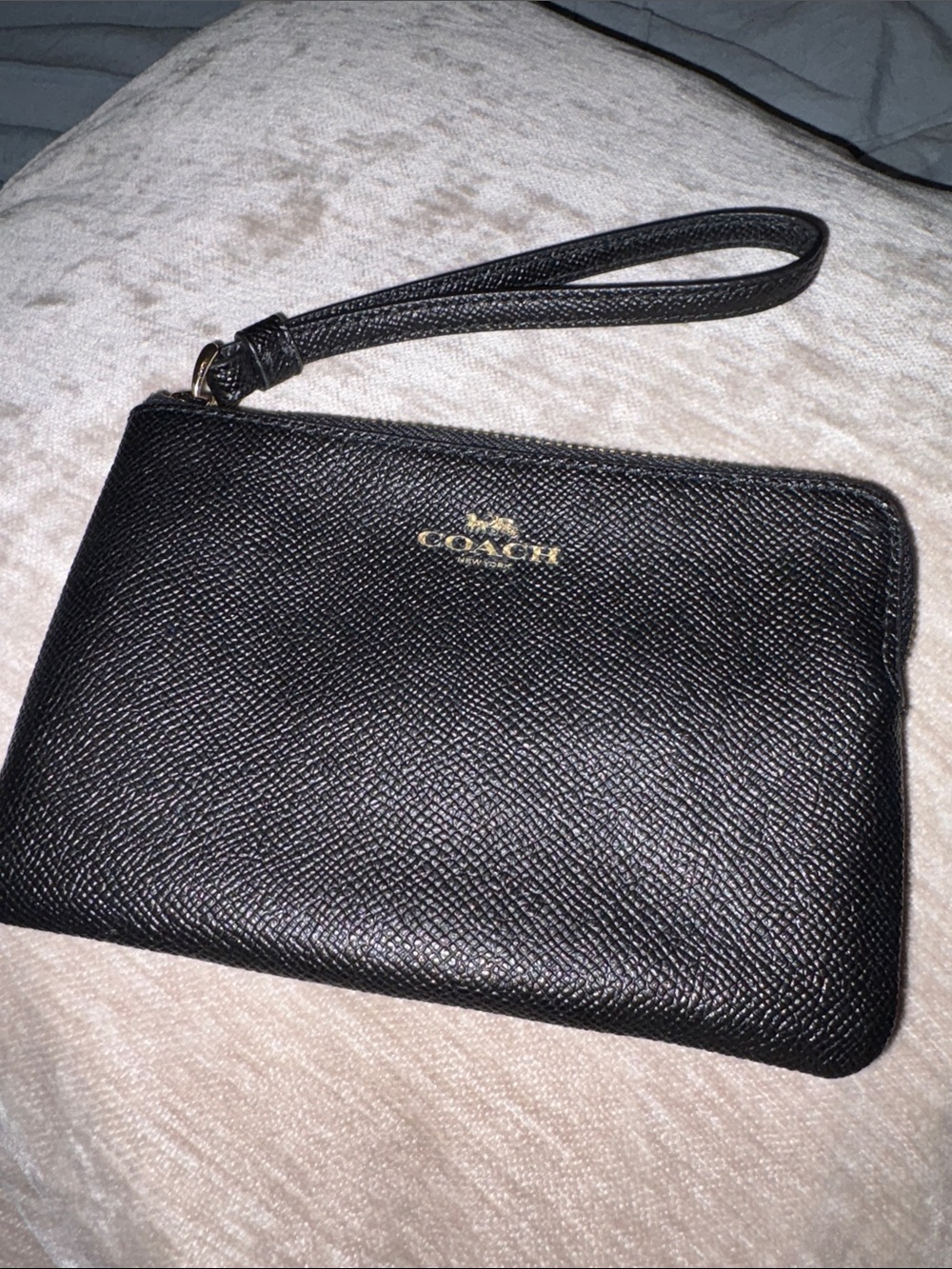 Coach Black Leather Zip Wristlet with Gold Logo